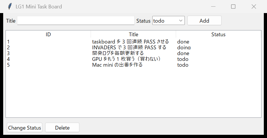 taskboard の画面。タスクの ID・タイトル・状態が一覧表示され、追加・状態変更・削除のボタンがある